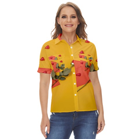 Valentine Day Heart Flower Gift Women s Short Sleeve Double Pocket Shirt by artworkshop