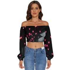 Love Valentine s Day Long Sleeve Crinkled Weave Crop Top