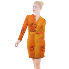 Wallpaper Liquid Bubbles Macro Orange Bright Button Long Sleeve Dress by artworkshop