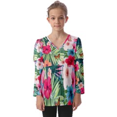 Tropical Summer  Kids  V Neck Casual Top