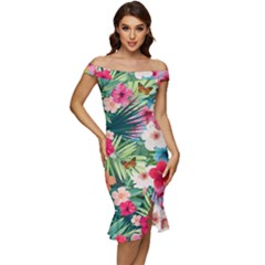 Tropical Summer  Off Shoulder Ruffle Split Hem Bodycon Dress