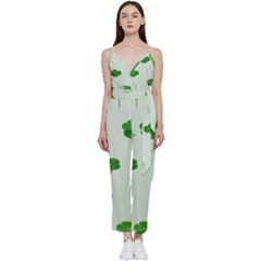 Decorative Plants V-neck Spaghetti Strap Tie Front Jumpsuit