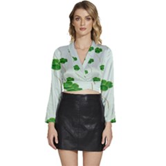 Decorative Plants Long Sleeve Tie Back Satin Wrap Top