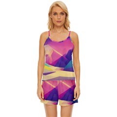 Abstract Geometric Landscape Art Satin Pajama Short Set by danenraven