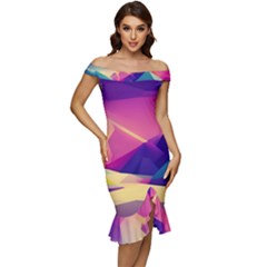 Abstract Geometric Landscape Art Off Shoulder Ruffle Split Hem Bodycon Dress