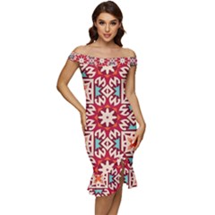 Geometric Pattern Seamless Abstract Off Shoulder Ruffle Split Hem Bodycon Dress