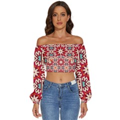 Geometric Pattern Seamless Abstract Long Sleeve Crinkled Weave Crop Top