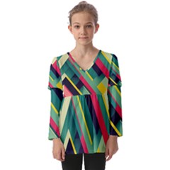 Pattern Abstract Geometric Design Kids  V Neck Casual Top