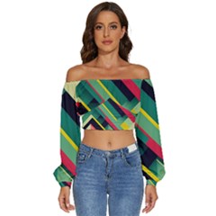 Pattern Abstract Geometric Design Long Sleeve Crinkled Weave Crop Top