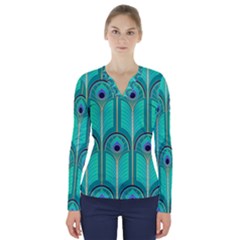 Gradient Art Deco Pattern Design V-neck Long Sleeve Top by artworkshop