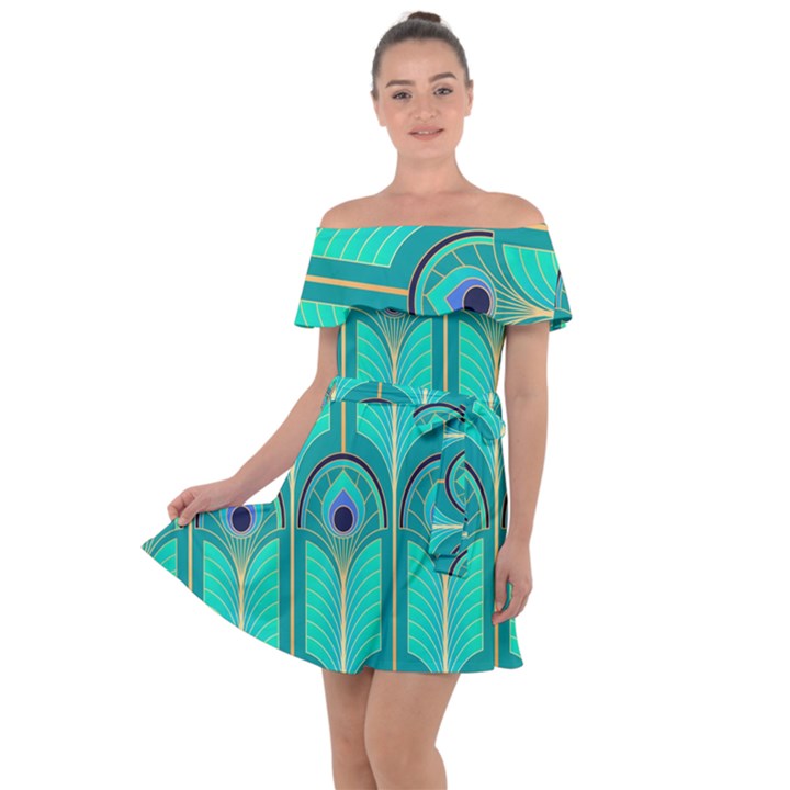 Gradient Art Deco Pattern Design Off Shoulder Velour Dress