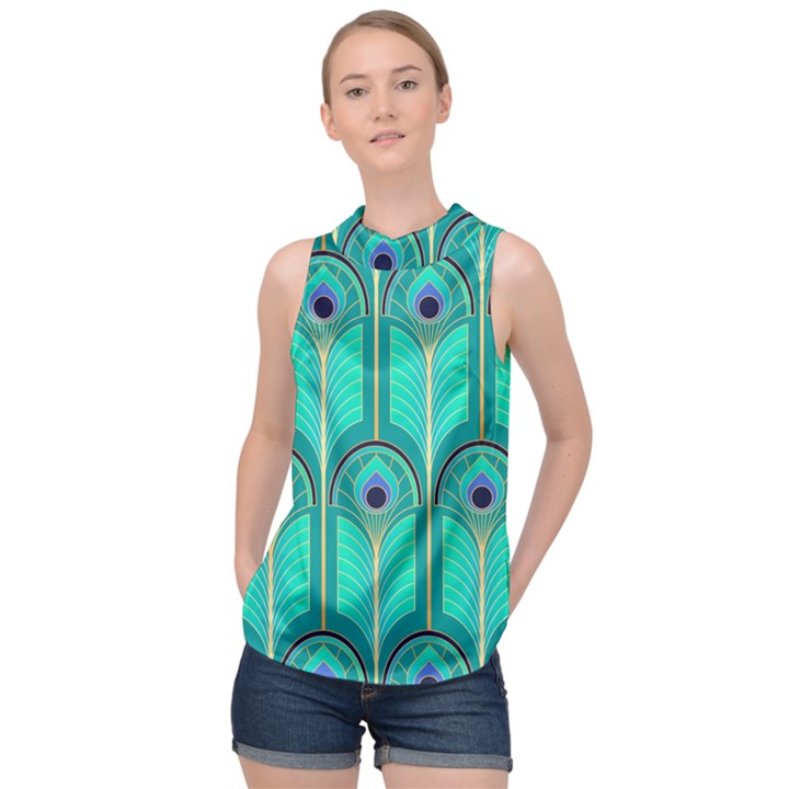 Gradient Art Deco Pattern Design High Neck Satin Top