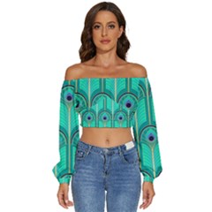 Gradient Art Deco Pattern Design Long Sleeve Crinkled Weave Crop Top by artworkshop