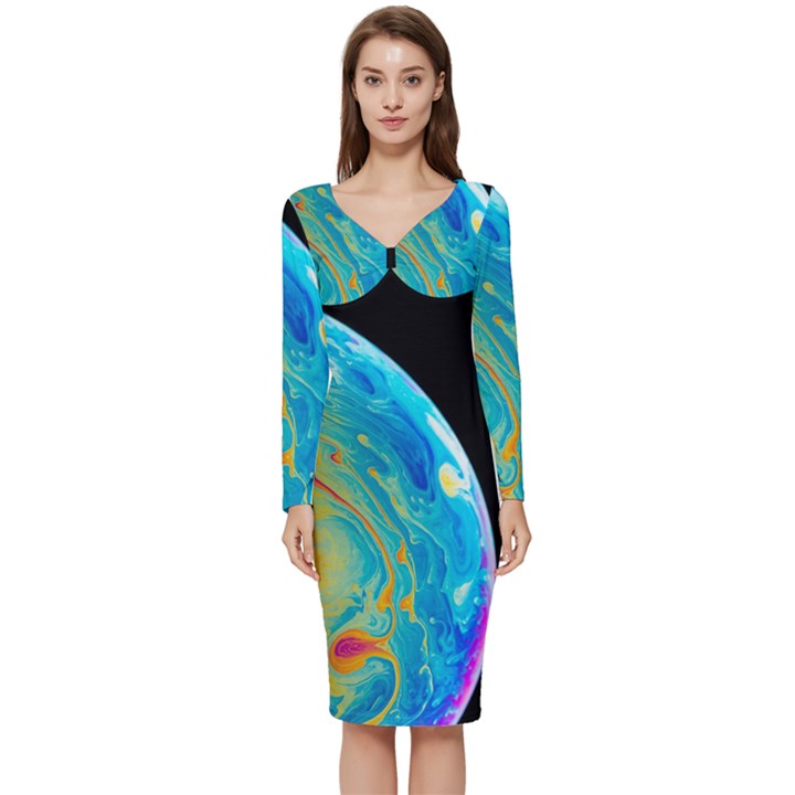 Soap Bubble Project Long Sleeve V-Neck Bodycon Dress 