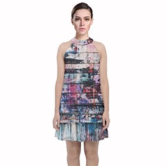 Splattered Paint On Wall Velvet Halter Neckline Dress  by artworkshop