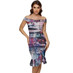 Splattered Paint On Wall Off Shoulder Ruffle Split Hem Bodycon Dress