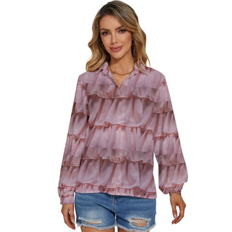  Pink Chiffon Cotton Candy Frills Women s Long Sleeve Button Down Shirt by PollyParadiseBoutique7