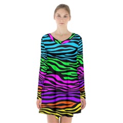 Colorful Zebra Long Sleeve Velvet V-neck Dress by Angelandspot