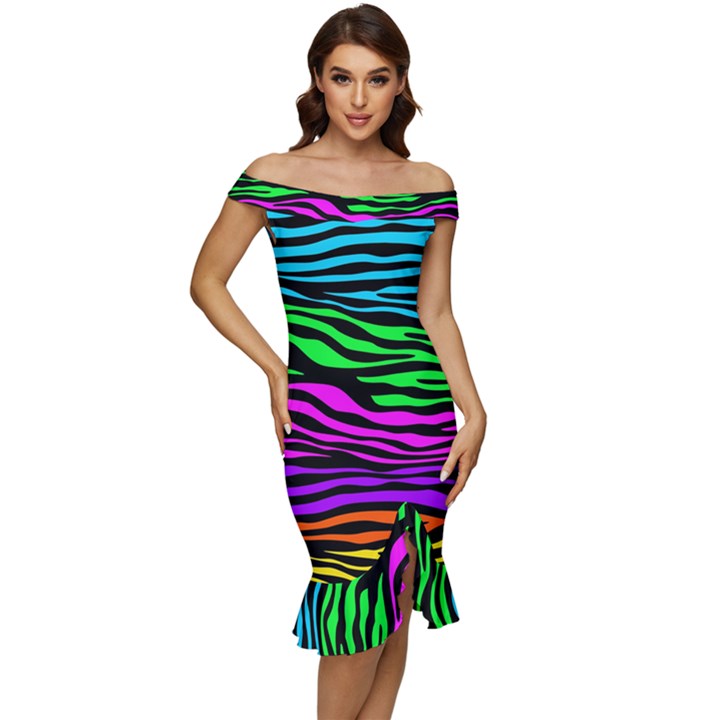 Colorful Zebra Off Shoulder Ruffle Split Hem Bodycon Dress