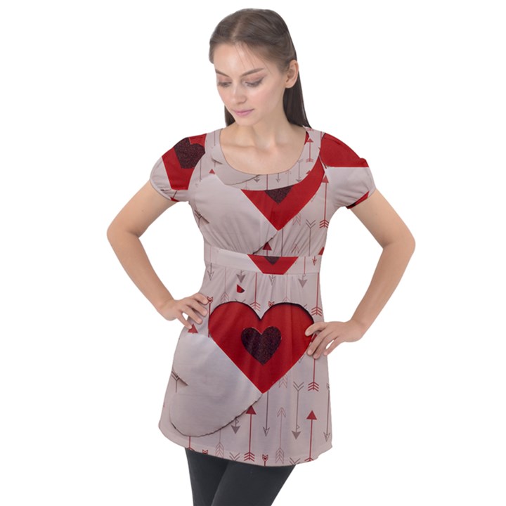 Valentine Day Heart Love Logo Puff Sleeve Tunic Top