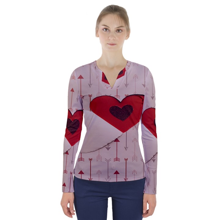 Valentine Day Heart Love Logo V-Neck Long Sleeve Top