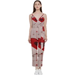 Valentine Day Heart Love Logo V-neck Spaghetti Strap Tie Front Jumpsuit