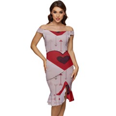 Valentine Day Heart Love Logo Off Shoulder Ruffle Split Hem Bodycon Dress