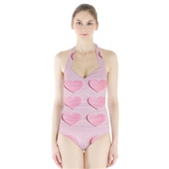 Valentine Day Heart Pattern Pink Halter Swimsuit by artworkshop