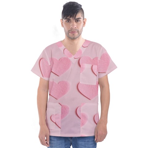 Valentine Day Heart Pattern Pink Men s V-neck Scrub Top by artworkshop