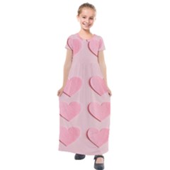 Valentine Day Heart Pattern Pink Kids  Short Sleeve Maxi Dress by artworkshop