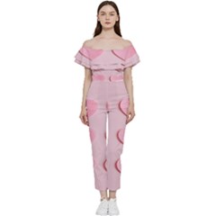 Valentine Day Heart Pattern Pink Off Shoulder Ruffle Top Jumpsuit