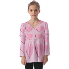 Valentine Day Heart Pattern Pink Kids  V Neck Casual Top