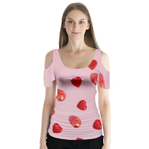 Valentine Day Heart Pattern Butterfly Sleeve Cutout Tee  by artworkshop