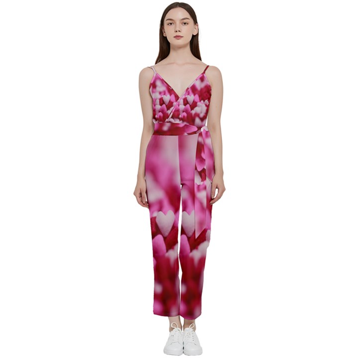 Valentine Day Heart Symbol Capsule V-Neck Spaghetti Strap Tie Front Jumpsuit