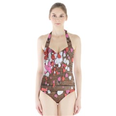 Valentine Day Heart Wallpaper Halter Swimsuit by artworkshop