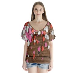 Valentine Day Heart Wallpaper V-neck Flutter Sleeve Top by artworkshop