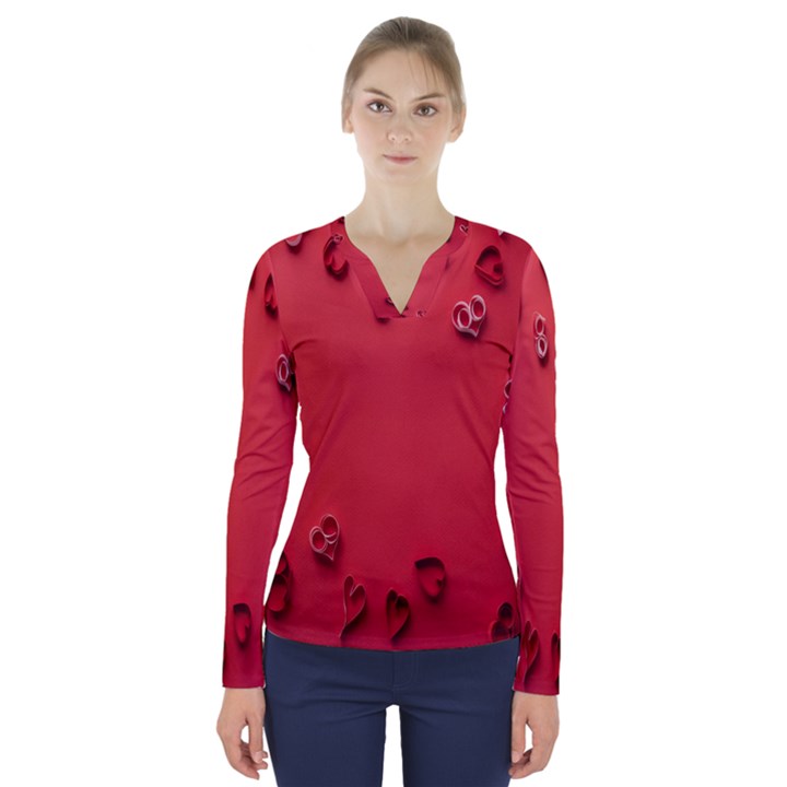 Valentine Day Logo Heart Ribbon V-Neck Long Sleeve Top