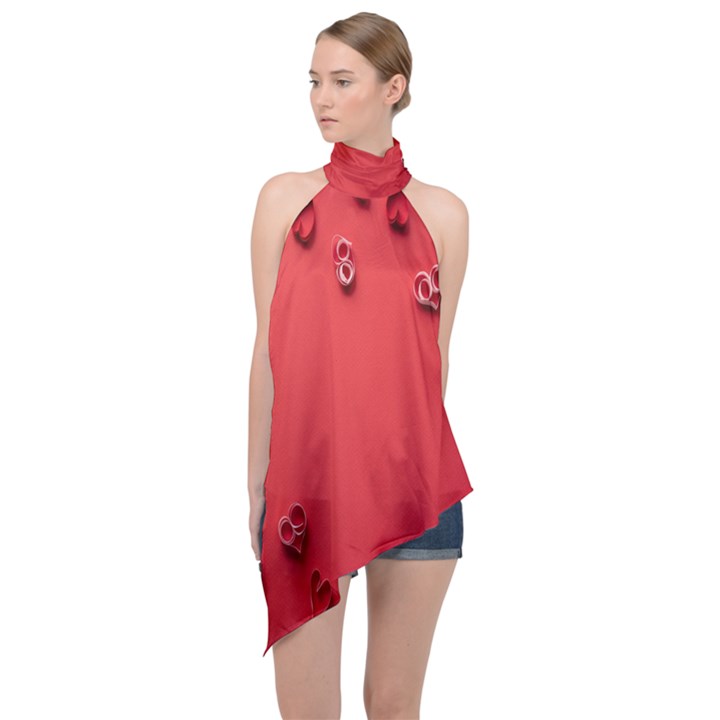 Valentine Day Logo Heart Ribbon Halter Asymmetric Satin Top