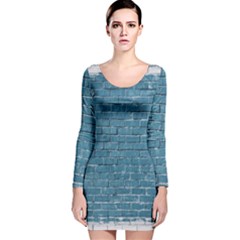 White And Blue Brick Wall Long Sleeve Velvet Bodycon Dress