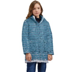 White And Blue Brick Wall Kid s Hooded Longline Puffer Jacket by artworkshop