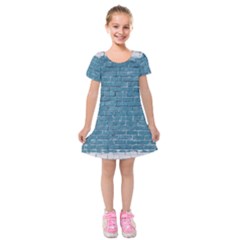 White And Blue Brick Wall Kids  Short Sleeve Velvet Dress by artworkshop