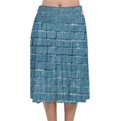 White And Blue Brick Wall Velvet Flared Midi Skirt by artworkshop