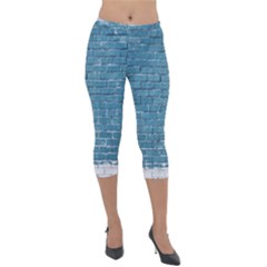 White And Blue Brick Wall Lightweight Velour Capri Leggings  by artworkshop