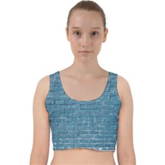 White And Blue Brick Wall Velvet Racer Back Crop Top by artworkshop