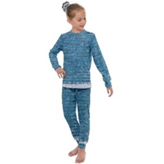 White And Blue Brick Wall Kids  Long Sleeve Set  by artworkshop