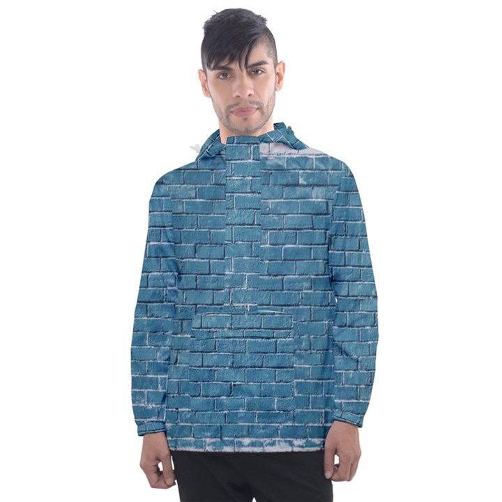 White And Blue Brick Wall Men s Front Pocket Pullover Windbreaker