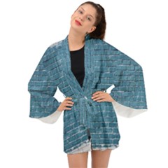 White And Blue Brick Wall Long Sleeve Kimono by artworkshop