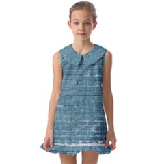 White And Blue Brick Wall Kids  Pilgrim Collar Ruffle Hem Dress by artworkshop