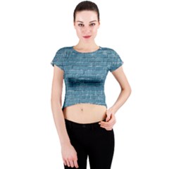 White And Blue Brick Wall Crew Neck Crop Top by artworkshop