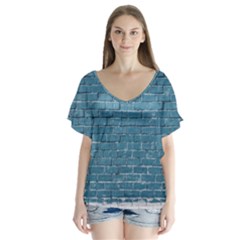 White And Blue Brick Wall V-neck Flutter Sleeve Top by artworkshop